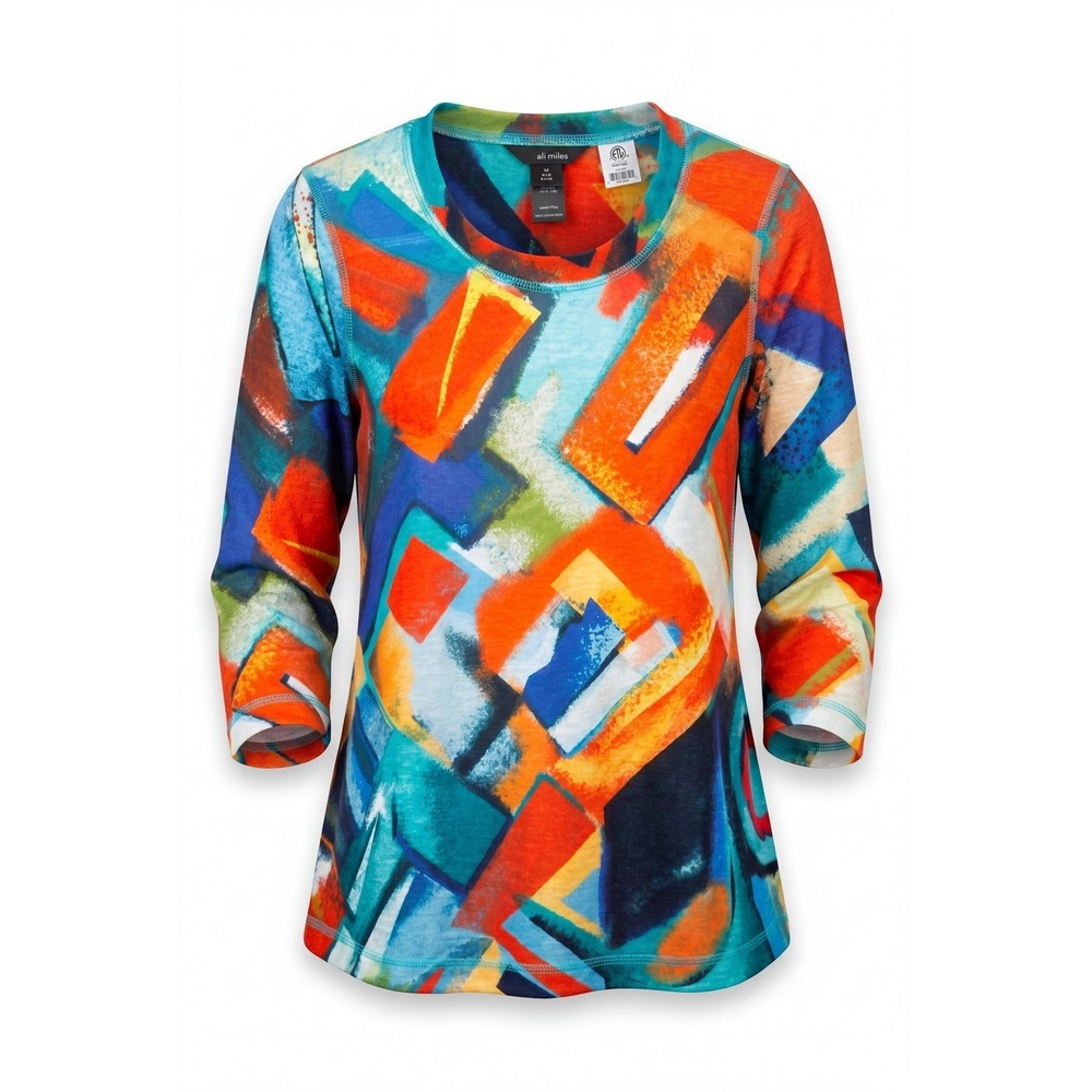 Ali Miles Shirt Women‎ Petite PS Artsy Geometric 3/4 Sleeve Tunic Top Maximalist